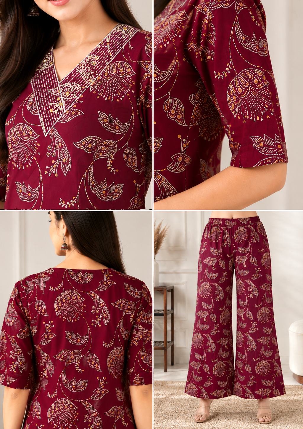Women's Maroon Floral Printed Kurta Pant Co-Ord Set