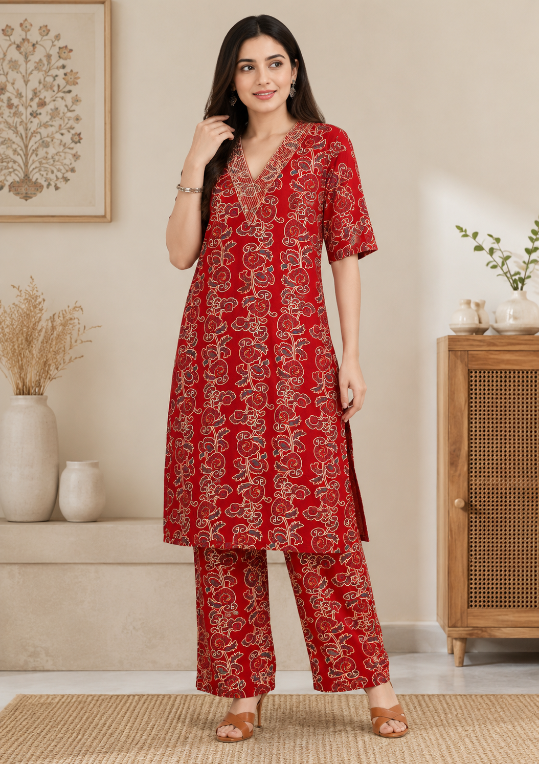 Women's Red Floral Printed Kurta Pant Co-Ord Set