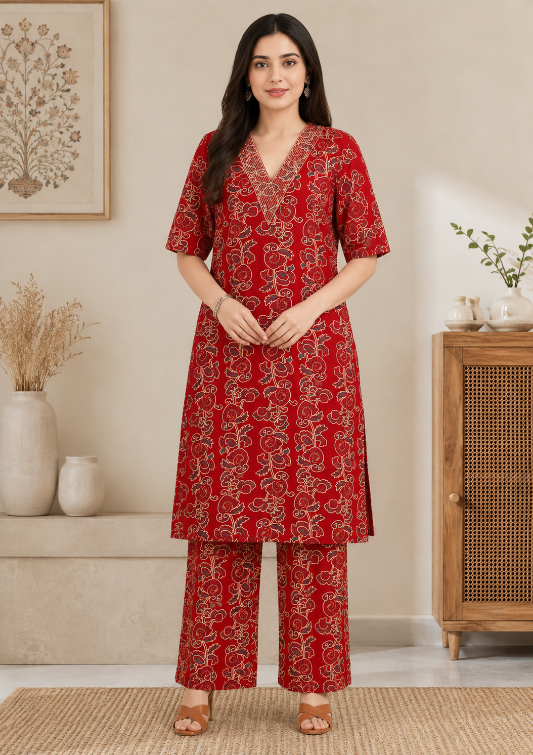 Women's Red Floral Printed Kurta Pant Co-Ord Set