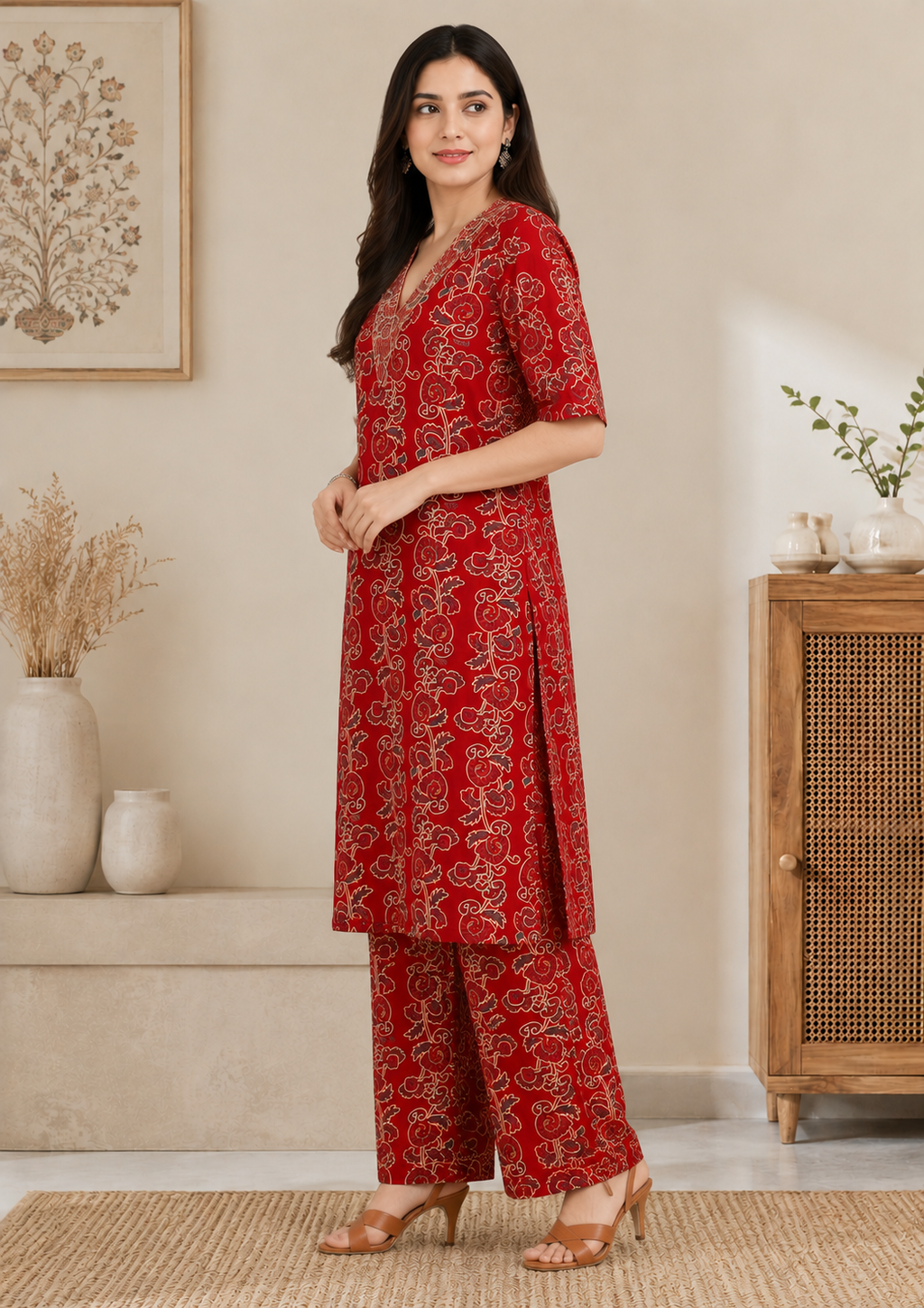 Women's Red Floral Printed Kurta Pant Co-Ord Set