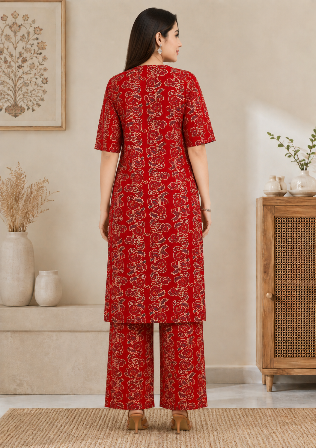 Women's Red Floral Printed Kurta Pant Co-Ord Set
