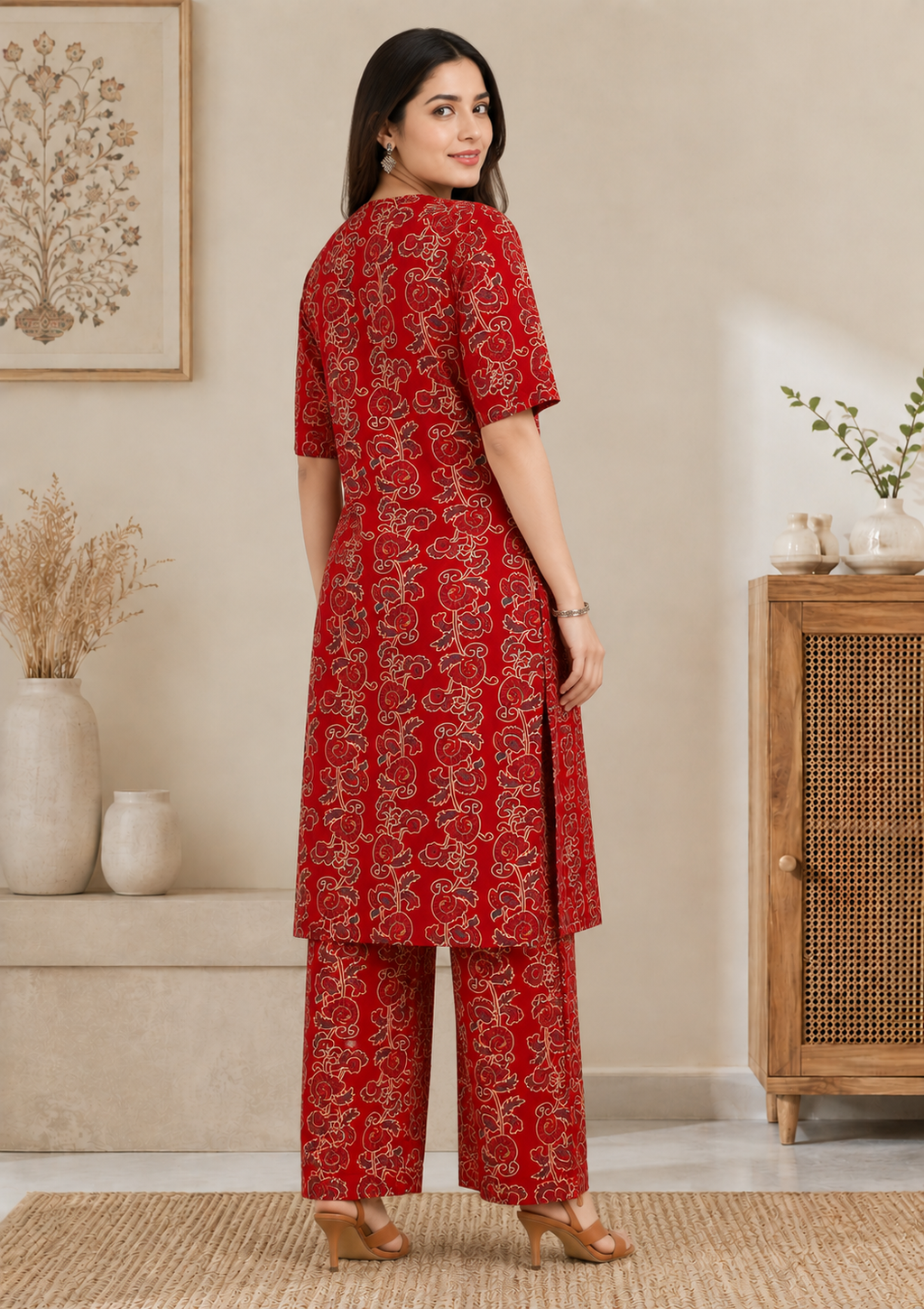 Women's Red Floral Printed Kurta Pant Co-Ord Set