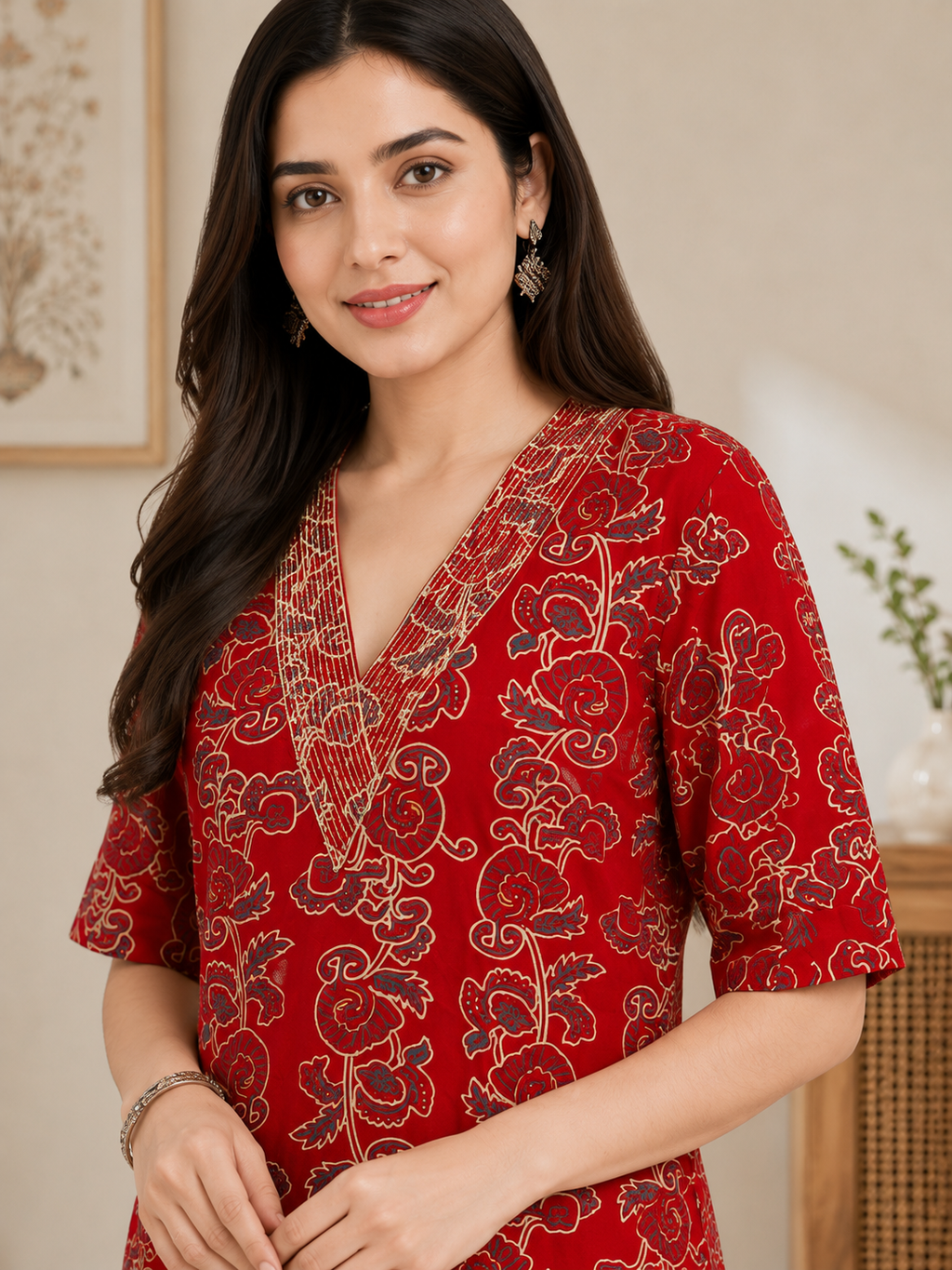 Women's Red Floral Printed Kurta Pant Co-Ord Set
