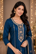Women's Royal Blue Embroidered Kurta Pant & Dupatta Set
