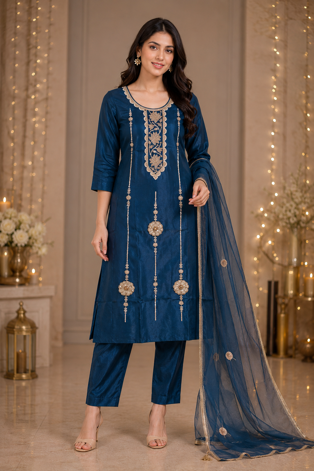 Women's Royal Blue Embroidered Kurta Pant & Dupatta Set