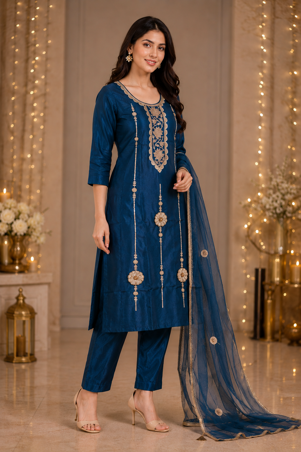 Women's Royal Blue Embroidered Kurta Pant & Dupatta Set