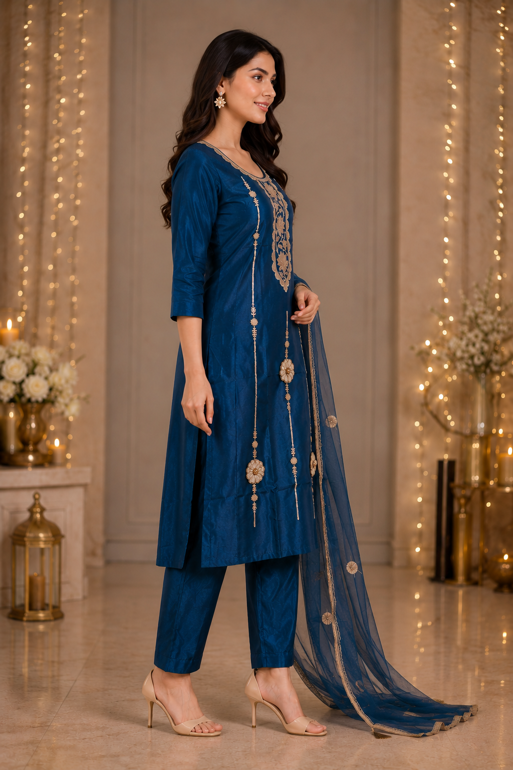 Women's Royal Blue Embroidered Kurta Pant & Dupatta Set