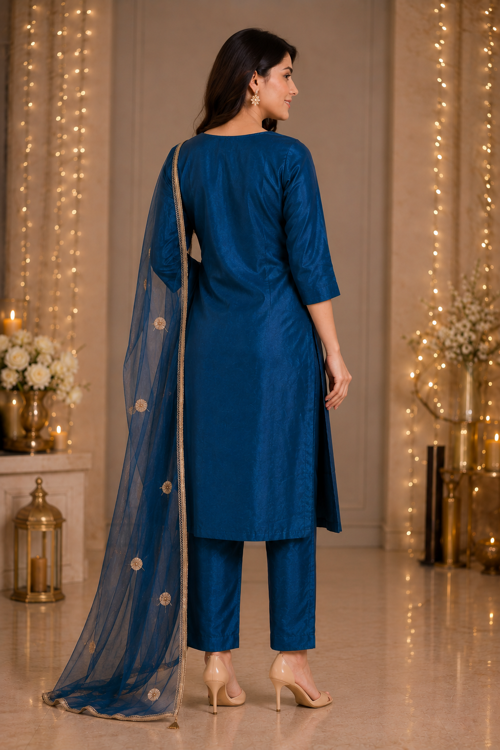 Women's Royal Blue Embroidered Kurta Pant & Dupatta Set