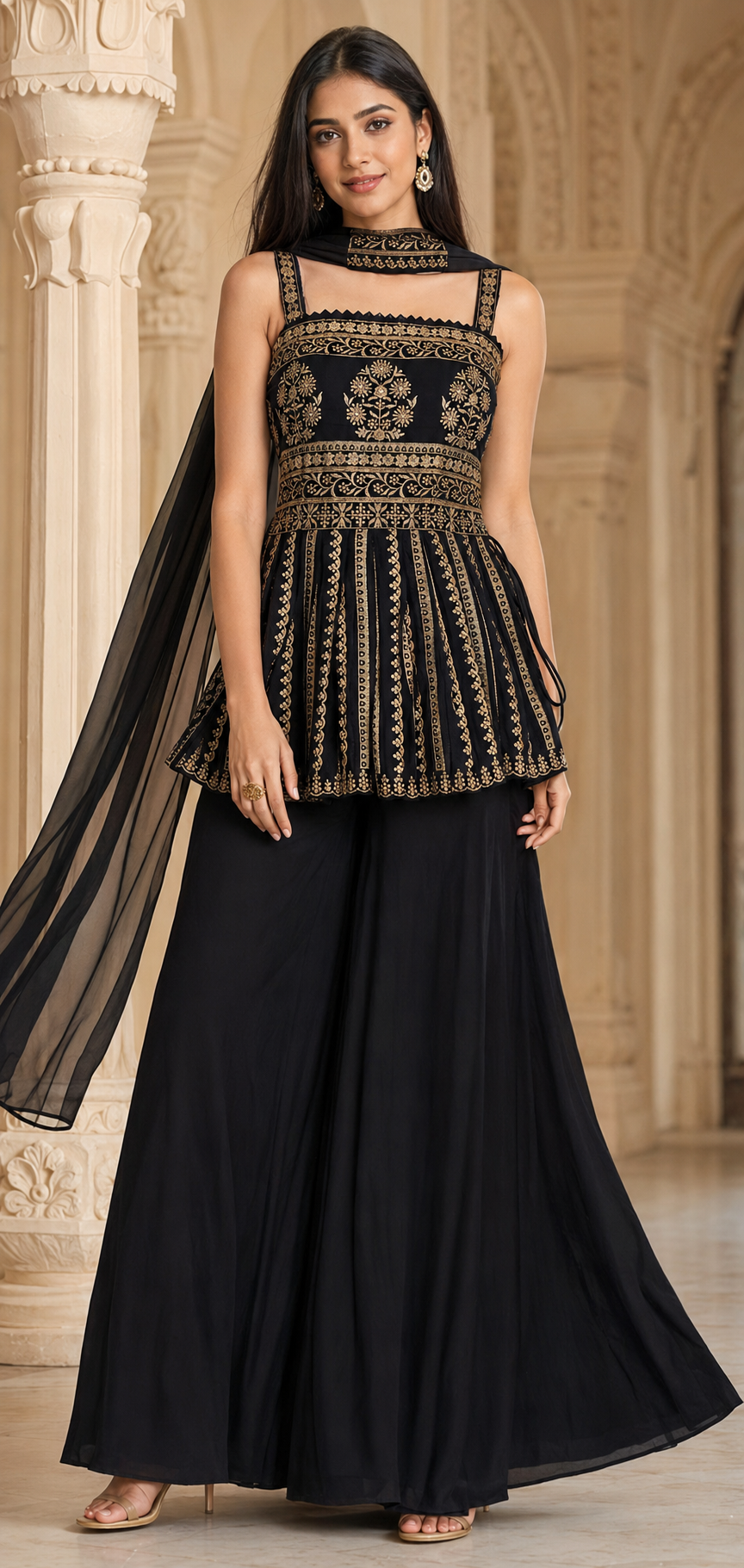 Black Embroidered Peplum Sharara Set Product Description
