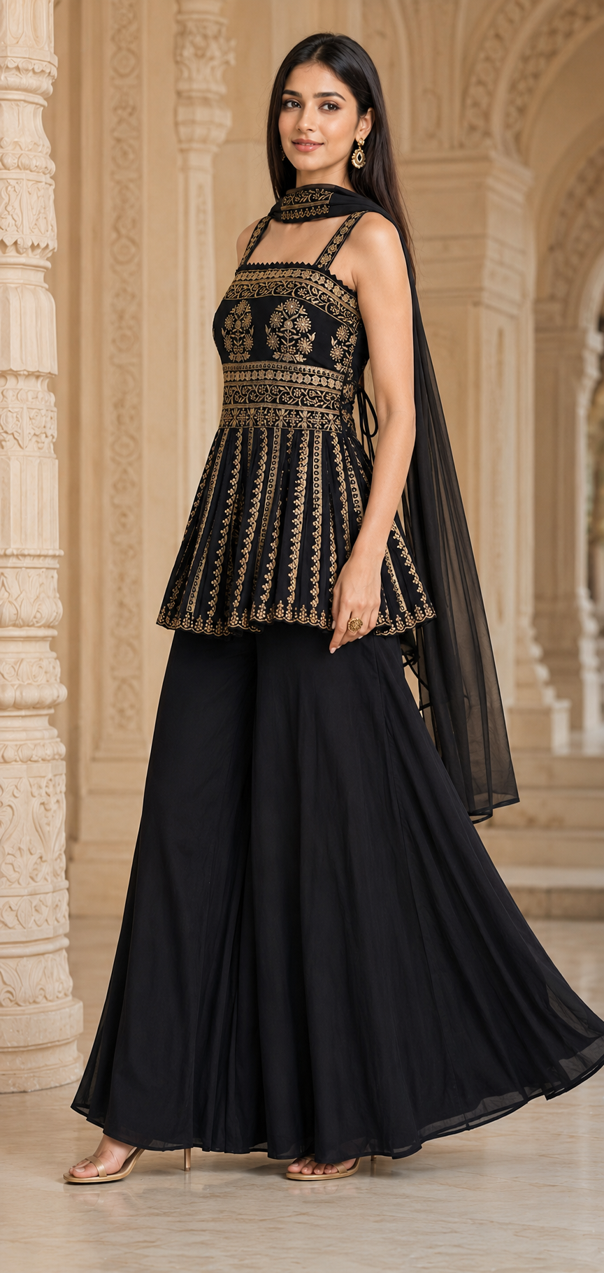 Black Embroidered Peplum Sharara Set Product Description