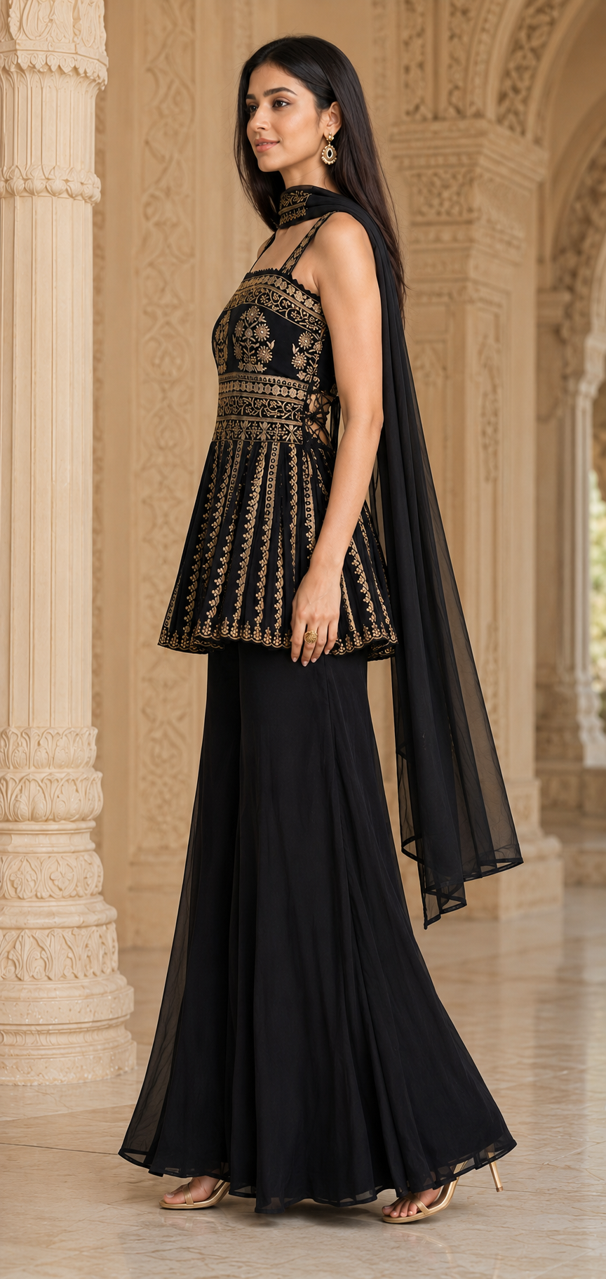 Black Embroidered Peplum Sharara Set Product Description