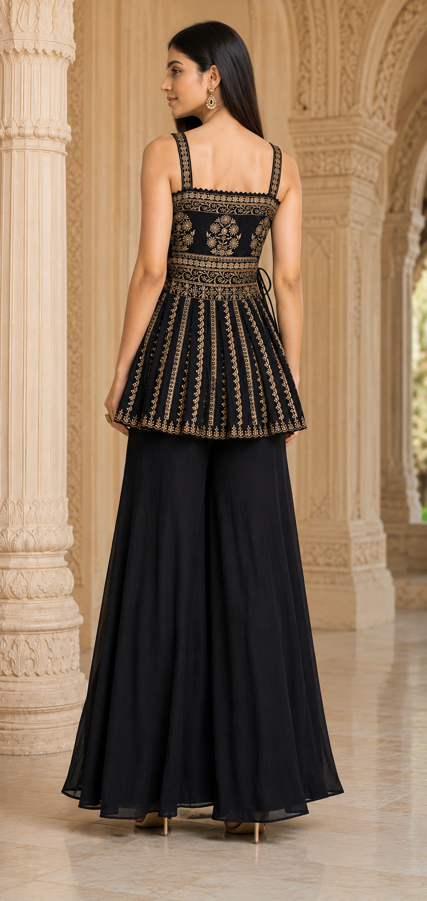 Black Embroidered Peplum Sharara Set Product Description