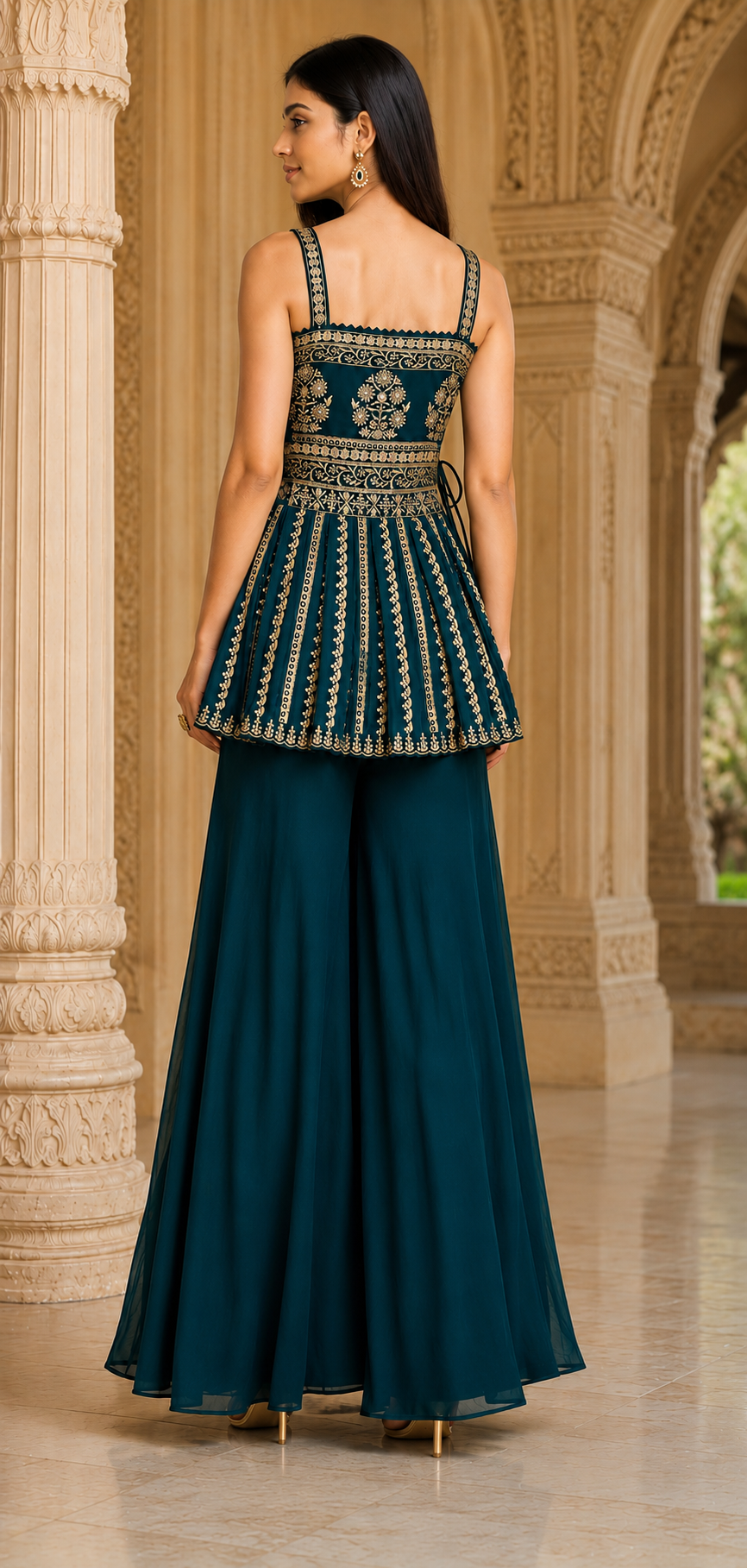 Teal Embroidered Peplum Sharara Set Product Description