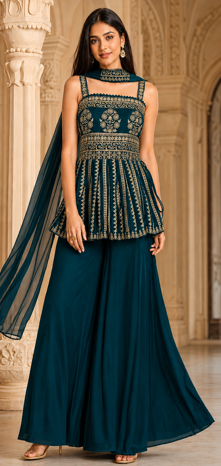 Teal Embroidered Peplum Sharara Set Product Description