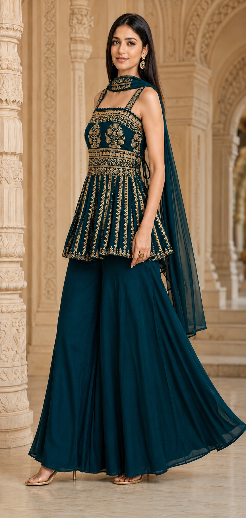 Teal Embroidered Peplum Sharara Set Product Description