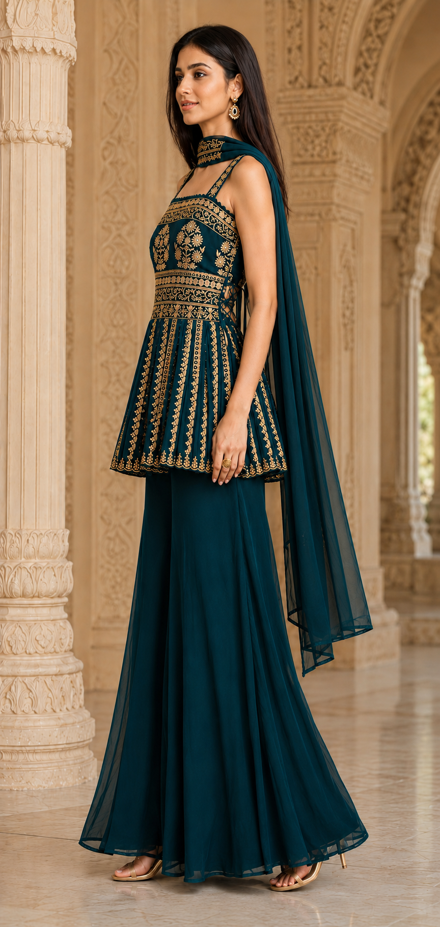 Teal Embroidered Peplum Sharara Set Product Description