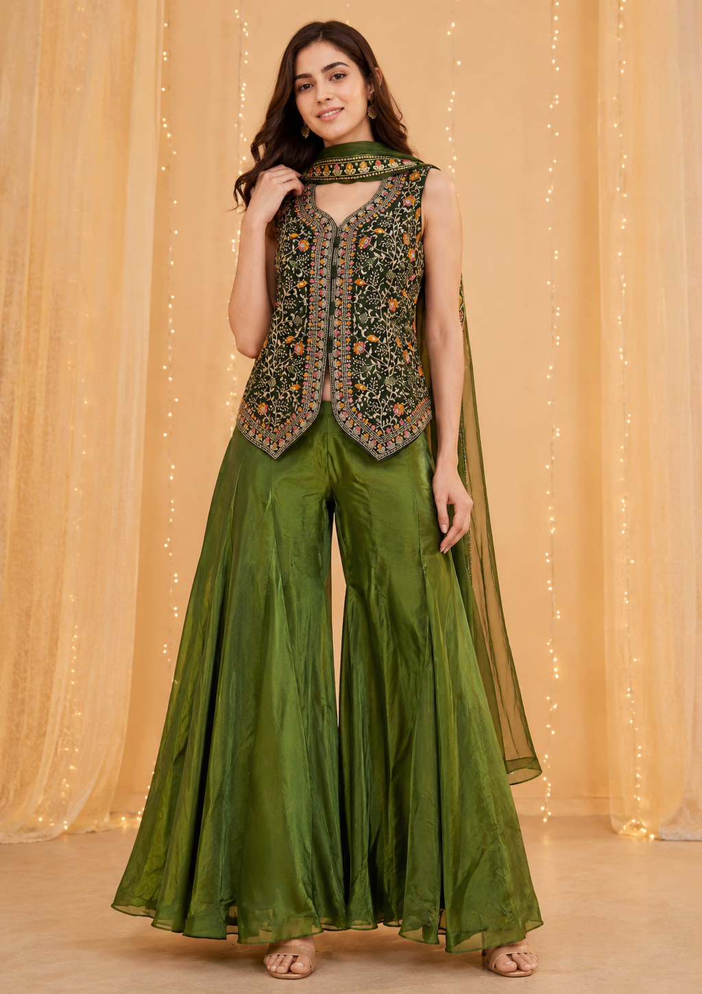 Olive Embroidered Sharara Set