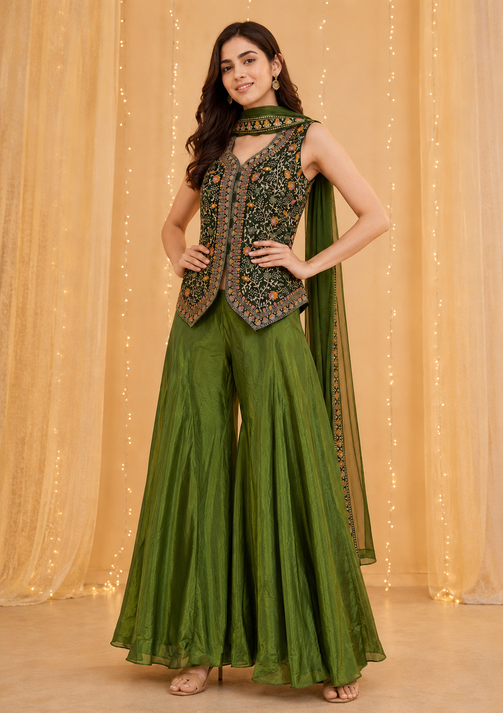 Olive Embroidered Sharara Set