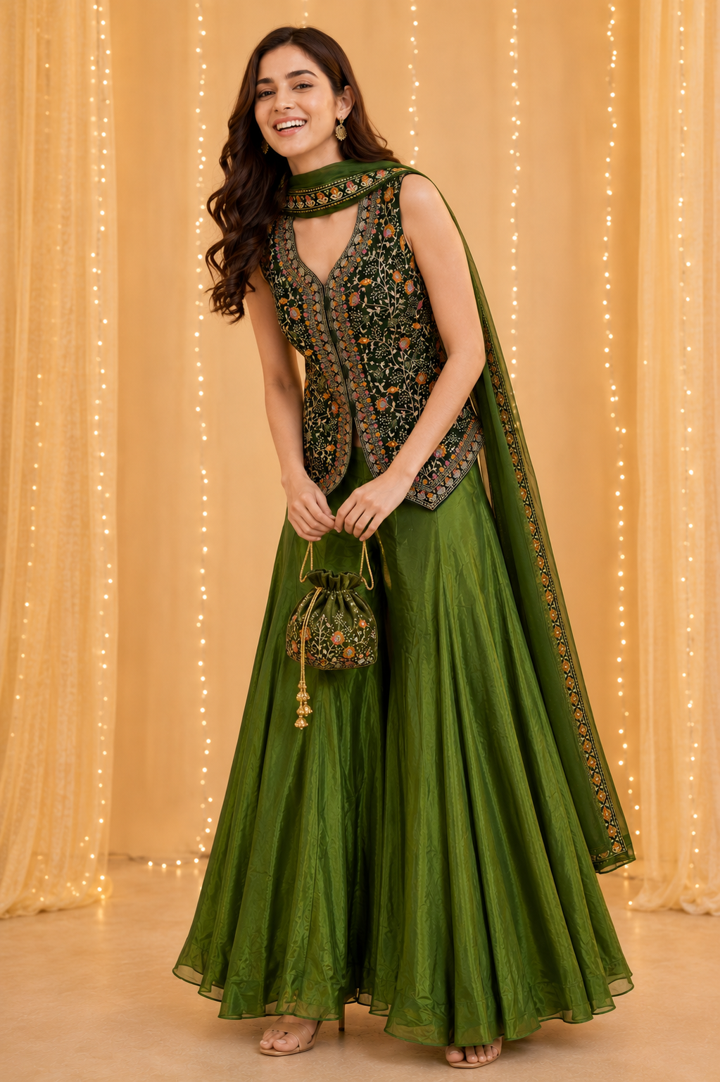 Olive Embroidered Sharara Set