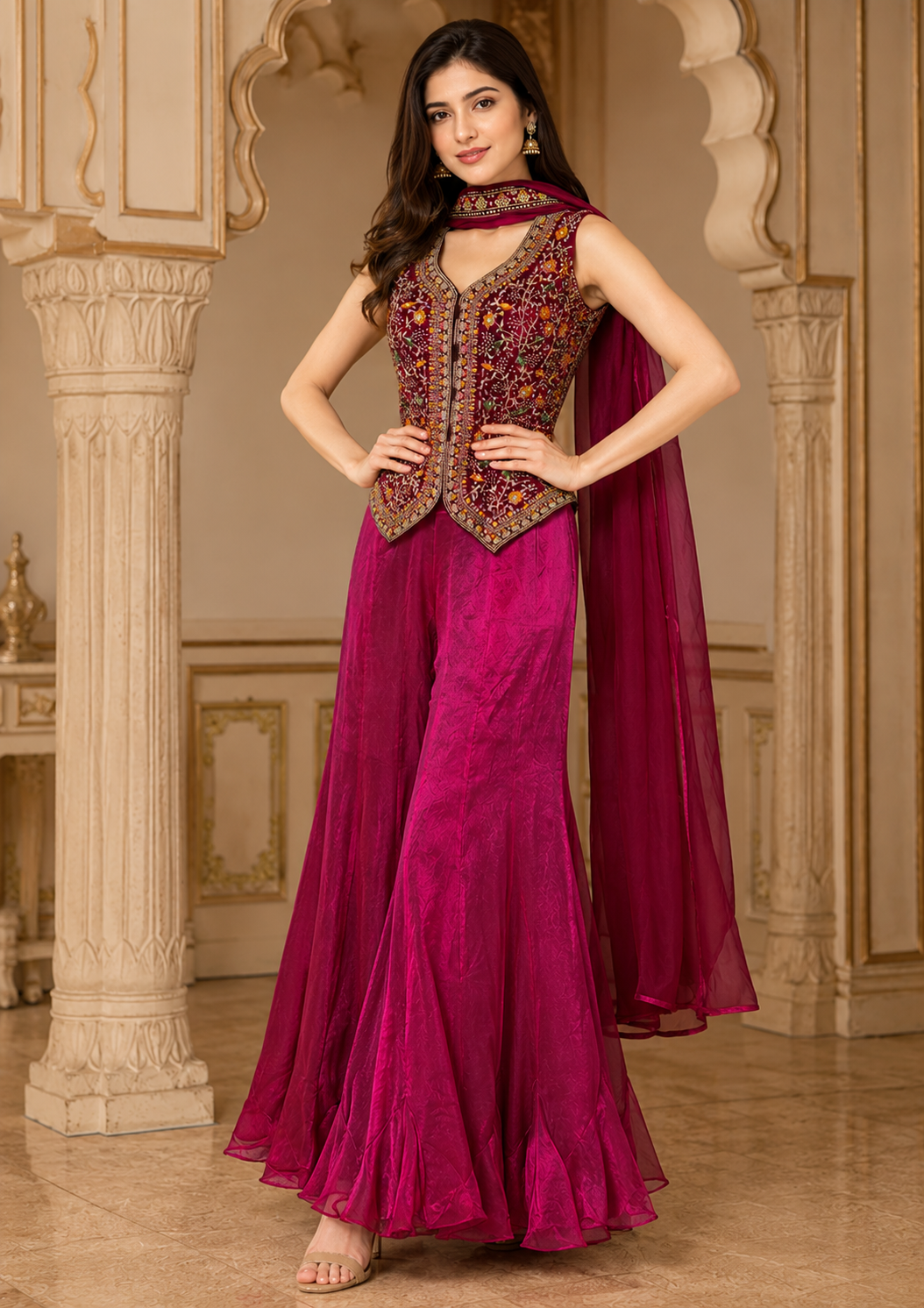 Magenta Embroidered Sharara Set