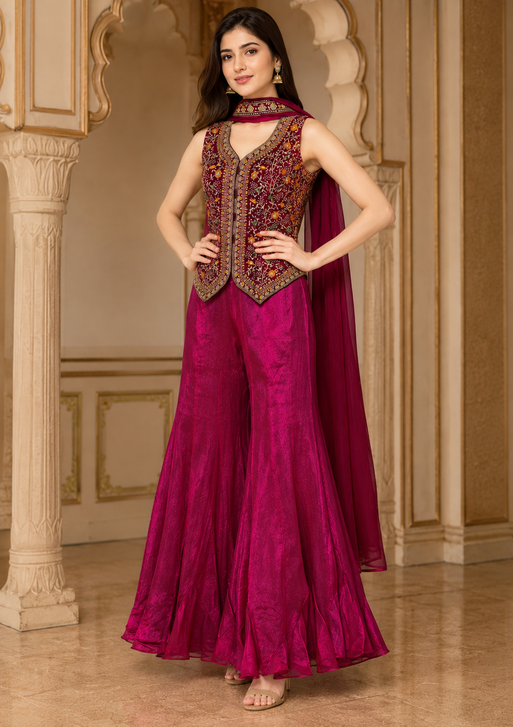 Magenta Embroidered Sharara Set