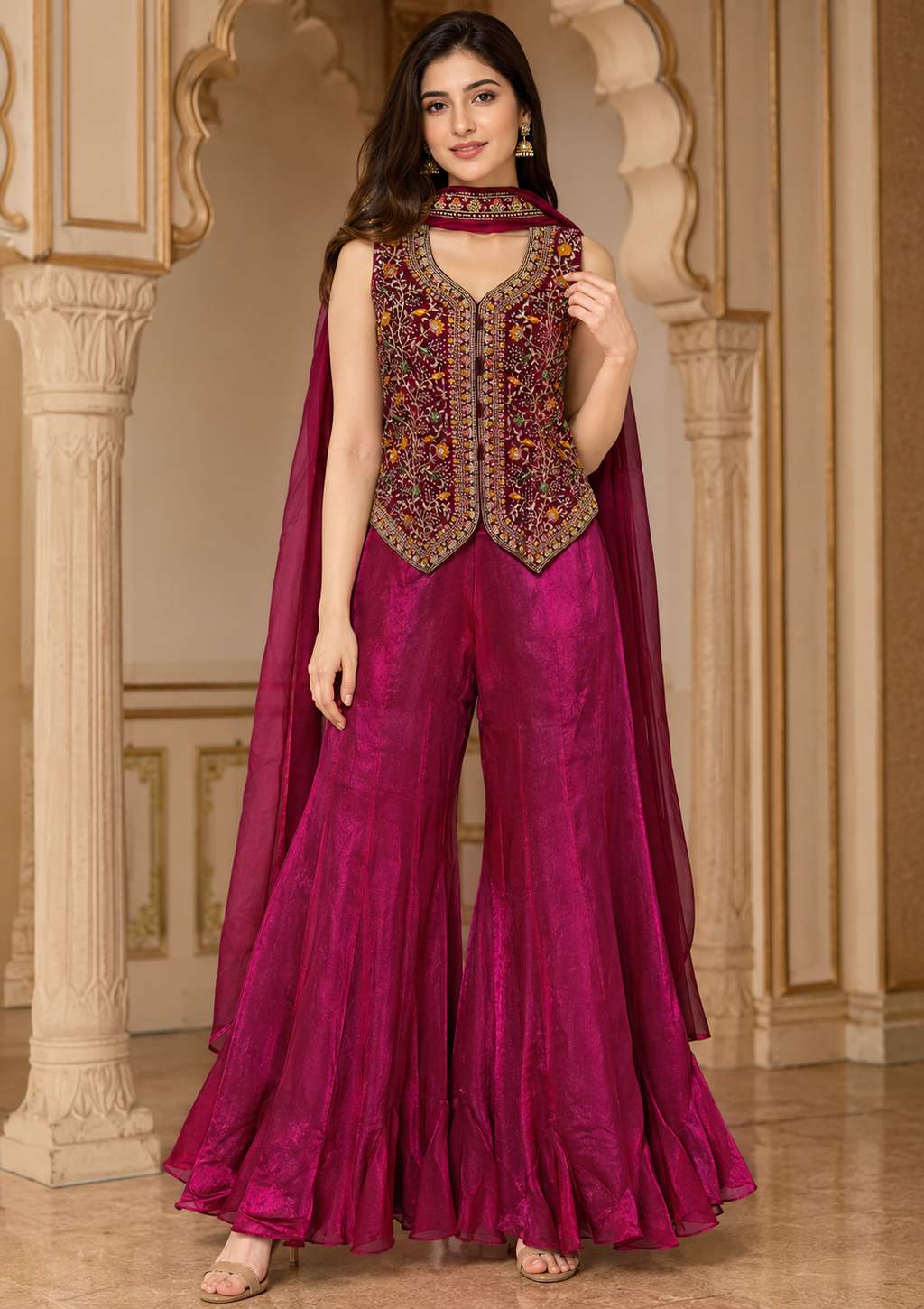 Magenta Embroidered Sharara Set