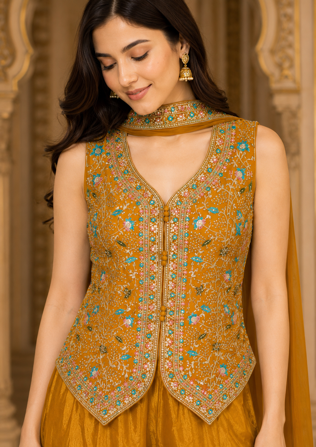 Golden Yellow Embroidered Sharara Set