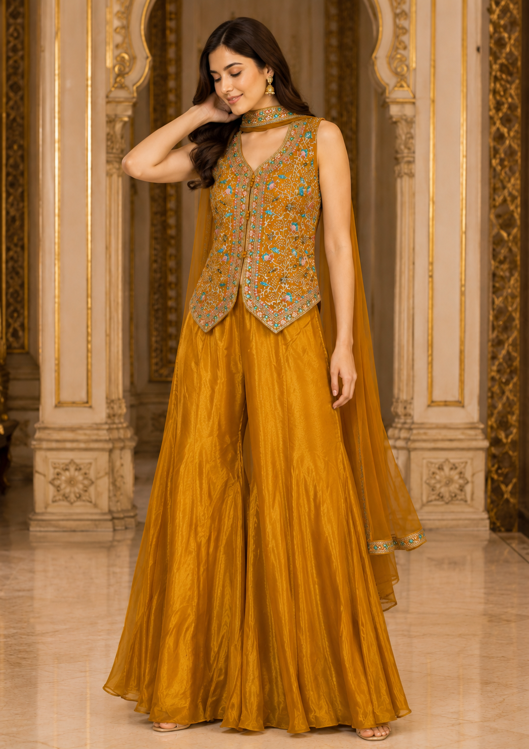 Golden Yellow Embroidered Sharara Set