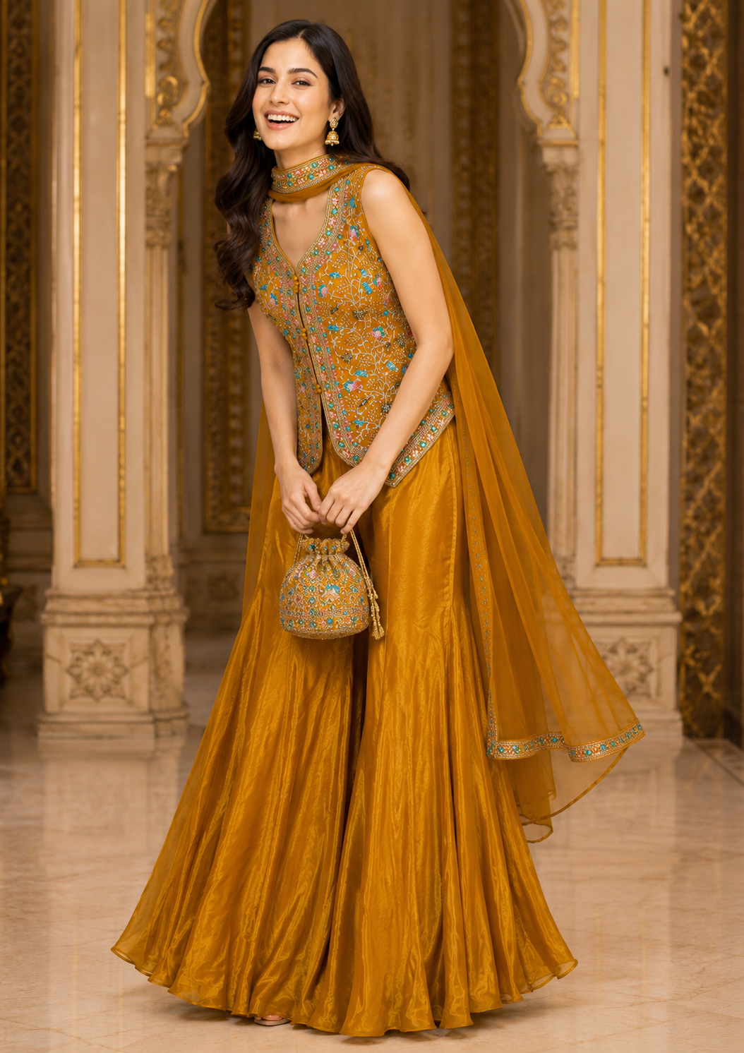 Golden Yellow Embroidered Sharara Set
