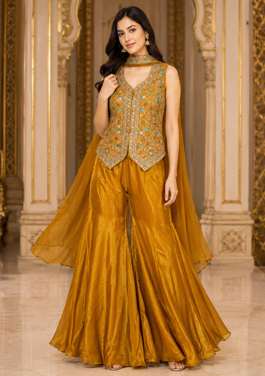 Golden Yellow Embroidered Sharara Set