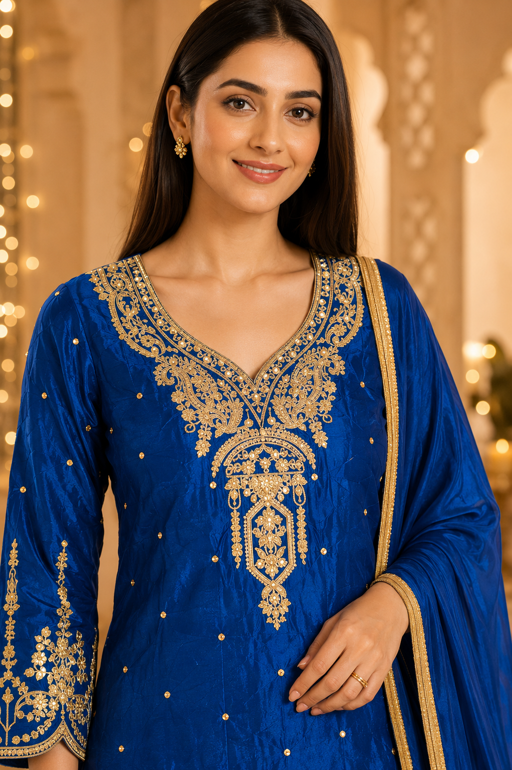 Royal Blue Gold Embroidered Kurta Sharara Set with Dupatta-XL