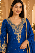 Royal Blue Gold Embroidered Kurta Sharara Set with Dupatta-XL