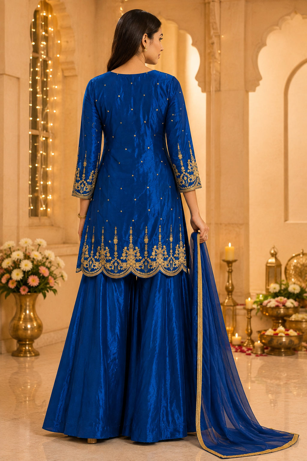 Royal Blue Gold Embroidered Kurta Sharara Set with Dupatta-XL