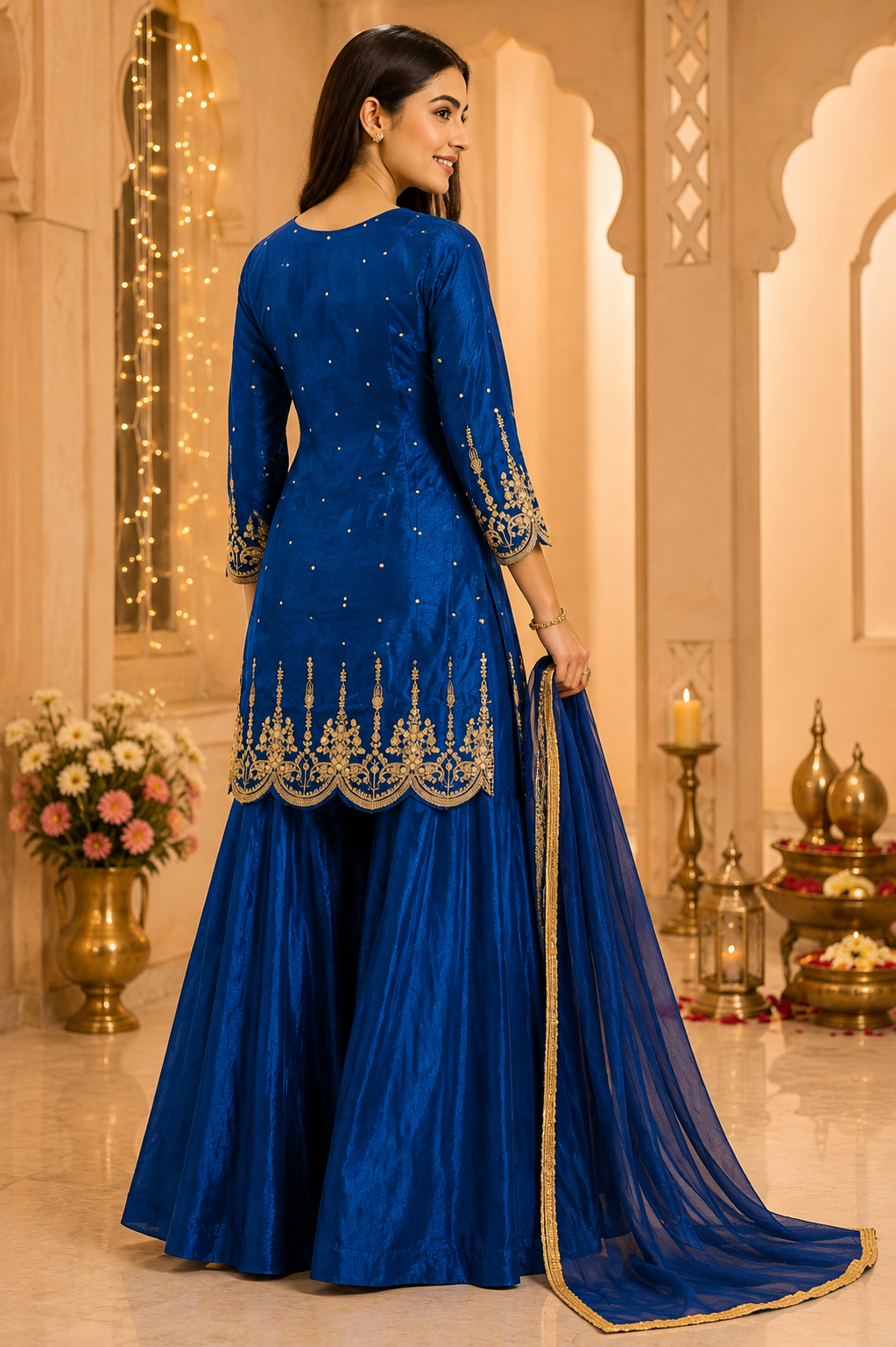 Royal Blue Gold Embroidered Kurta Sharara Set with Dupatta-XL