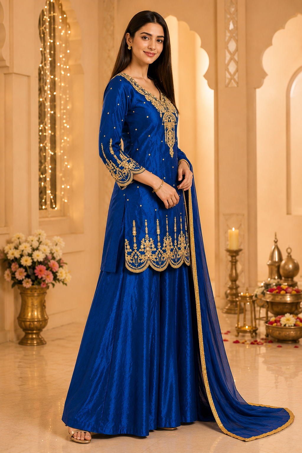 Royal Blue Gold Embroidered Kurta Sharara Set with Dupatta-XL