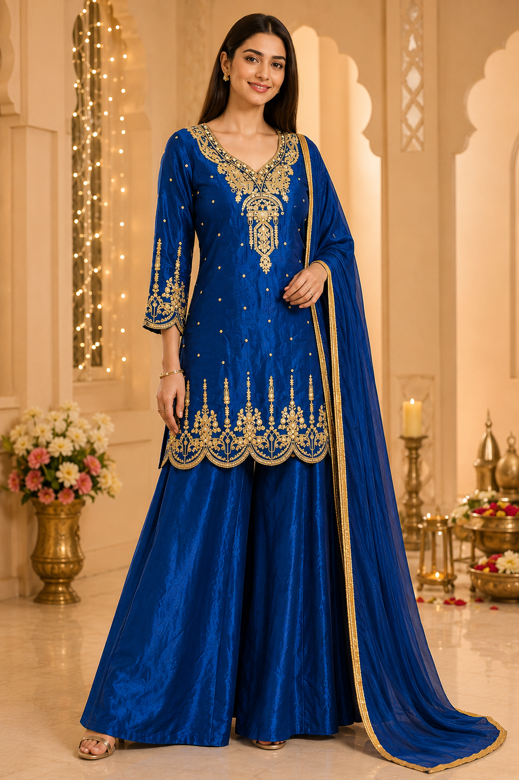 Royal Blue Gold Embroidered Kurta Sharara Set with Dupatta-XL
