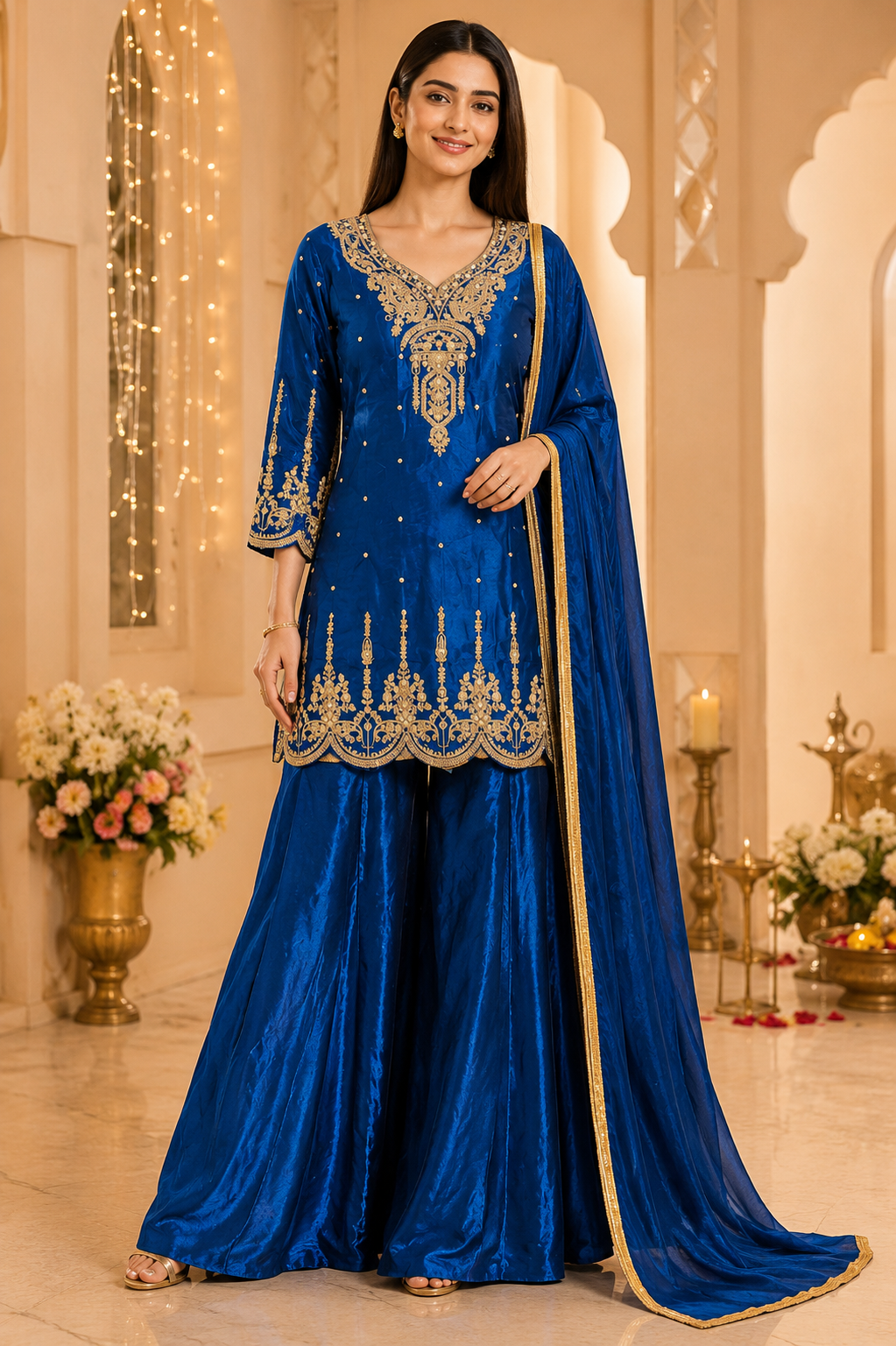 Royal Blue Gold Embroidered Kurta Sharara Set with Dupatta-XL