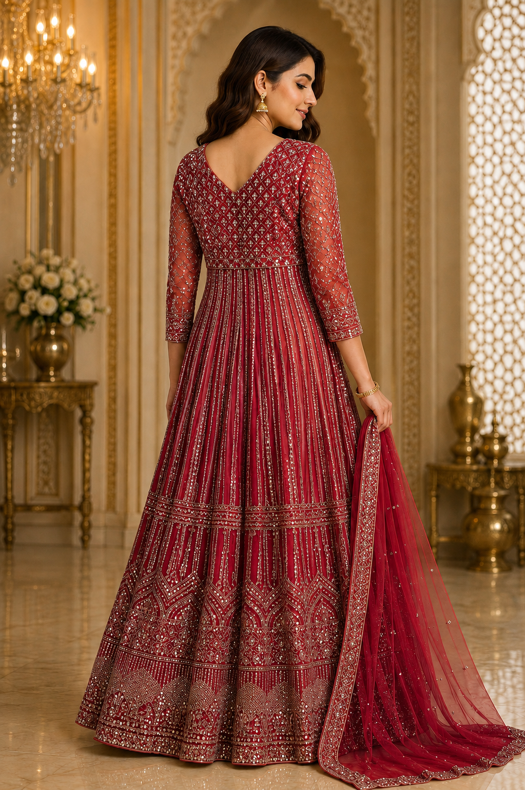 Ruby Red Mirror-Embroidered Anarkali Set with Dupatta