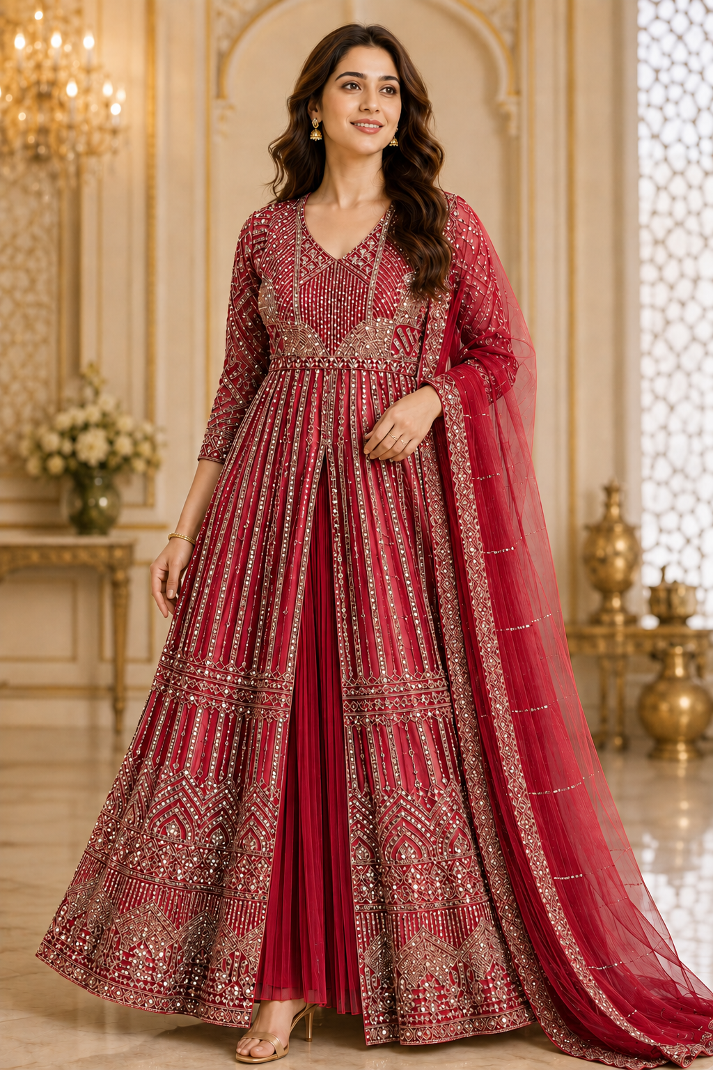 Ruby Red Mirror-Embroidered Anarkali Set with Dupatta