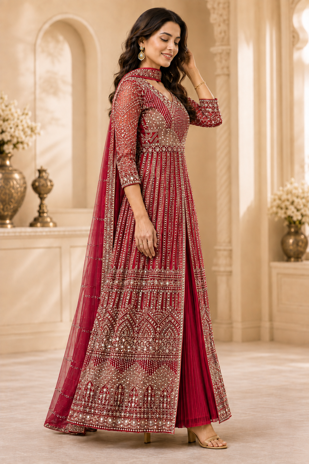 Ruby Red Mirror-Embroidered Anarkali Set with Dupatta