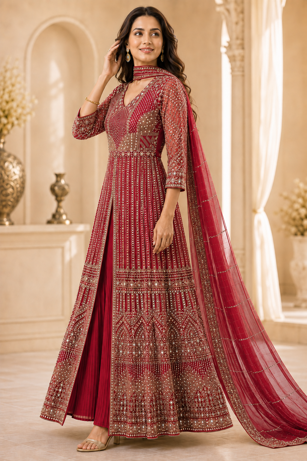 Ruby Red Mirror-Embroidered Anarkali Set with Dupatta