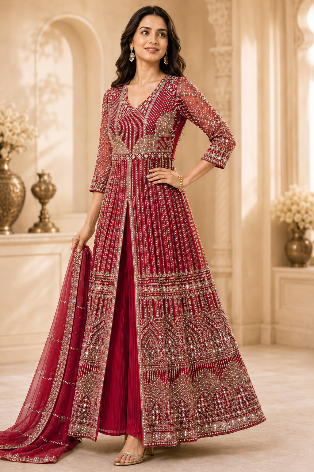 Ruby Red Mirror-Embroidered Anarkali Set with Dupatta