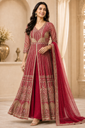 Ruby Red Mirror-Embroidered Anarkali Set with Dupatta