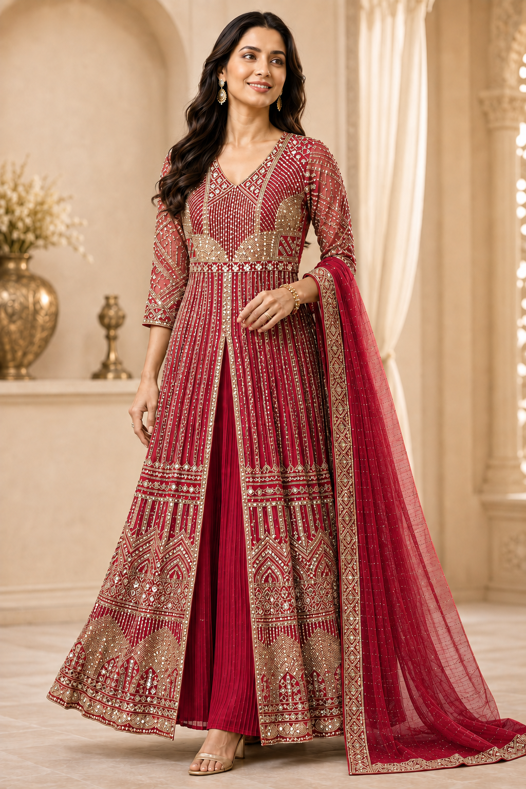 Ruby Red Mirror-Embroidered Anarkali Set with Dupatta