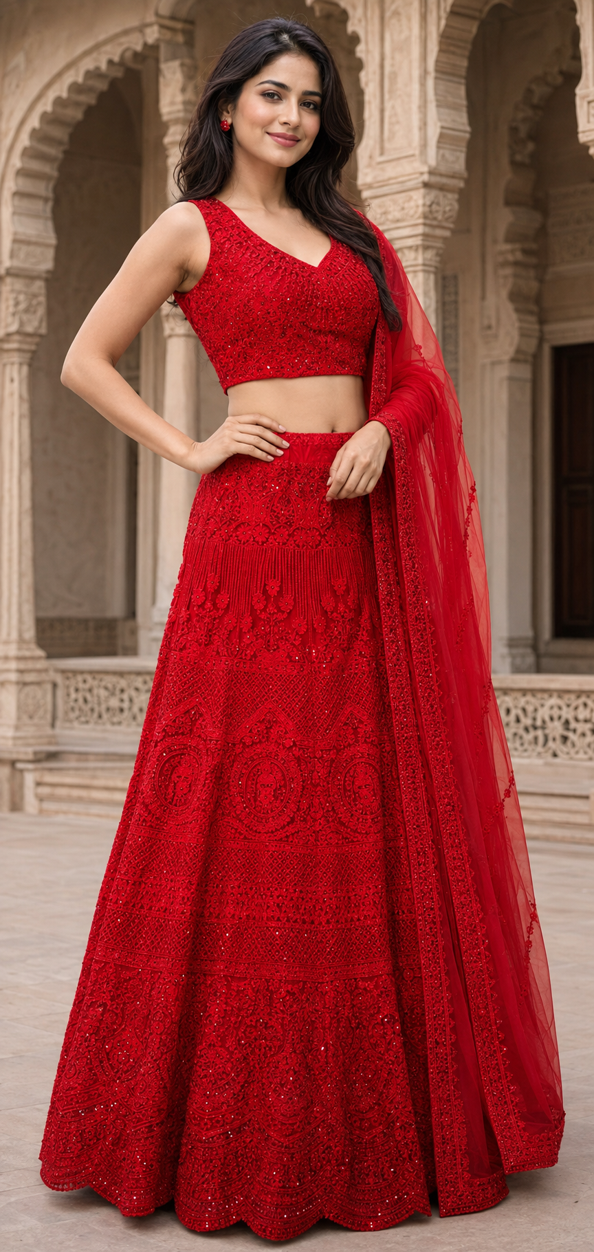 Red Self Thread Embroidered Lehenga Choli Set with Dupatta-Medium