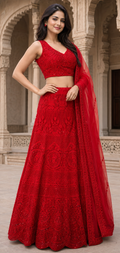 Red Self Thread Embroidered Lehenga Choli Set with Dupatta-Medium