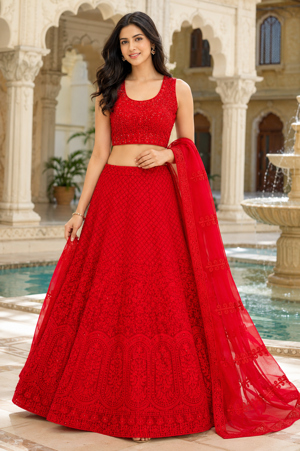 Red Self Thread Embroidered Lehenga Choli Set with Dupatta-Large