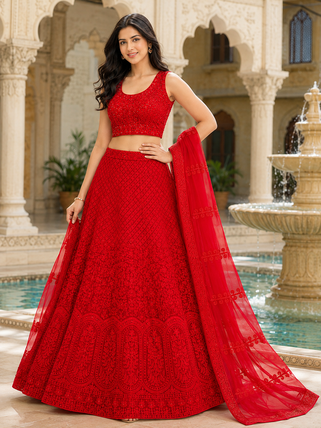 Red Self Thread Embroidered Lehenga Choli Set with Dupatta-Large