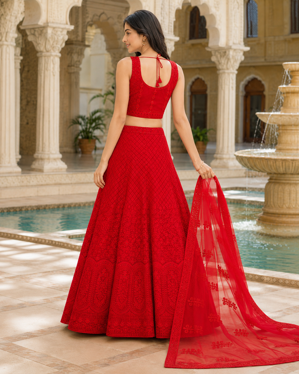 Red Self Thread Embroidered Lehenga Choli Set with Dupatta-Large