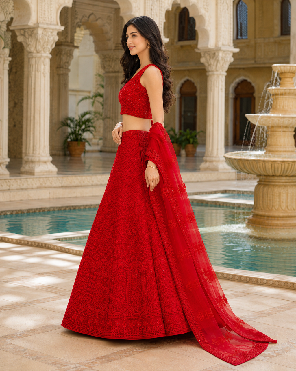Red Self Thread Embroidered Lehenga Choli Set with Dupatta-Large